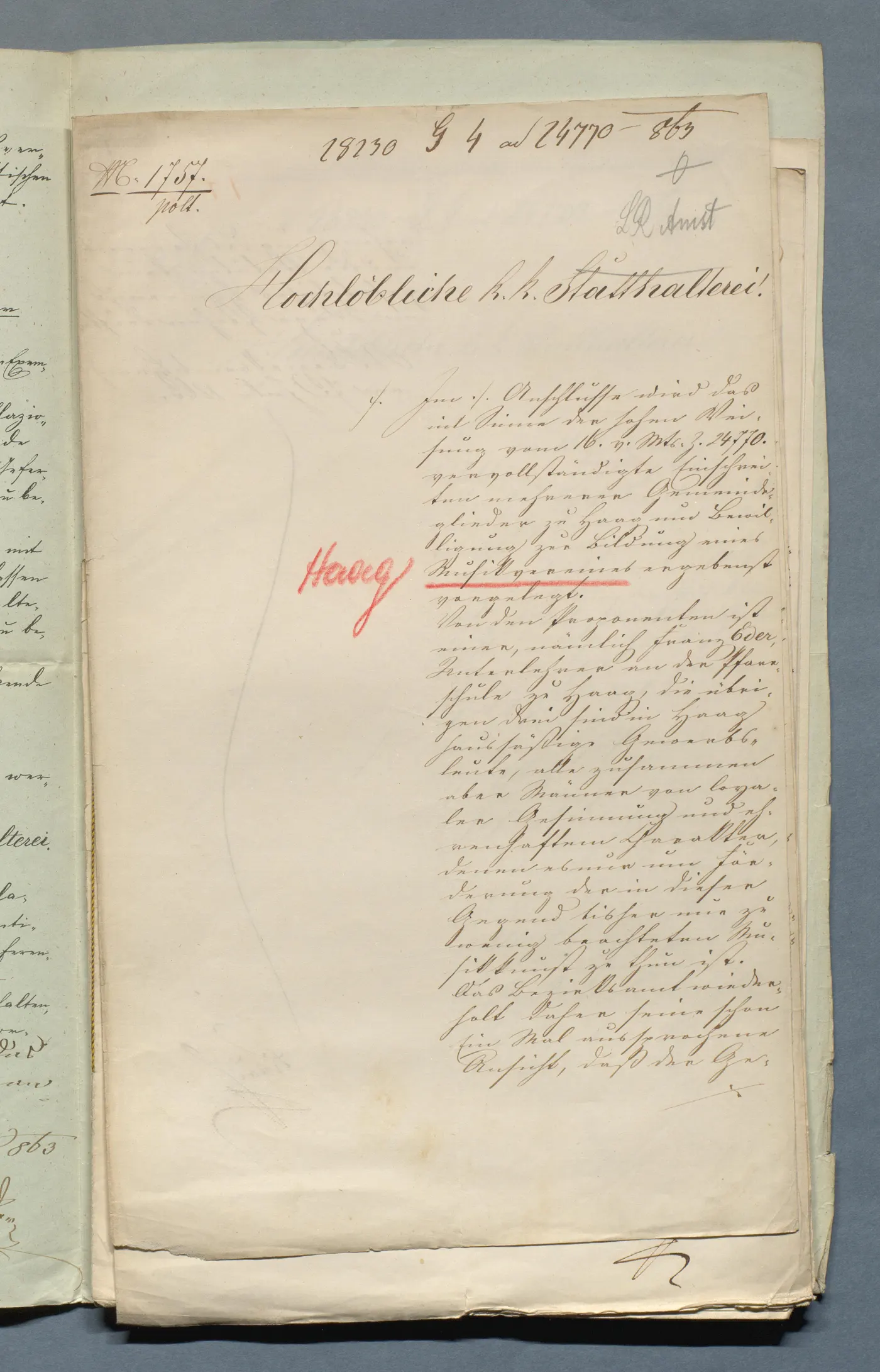 Neuerliche Vorlage durch das Bezirksamt Haag vom 7. Juli 1863, Franz Eder als Unterlehrer an der Pfarrschule genannt