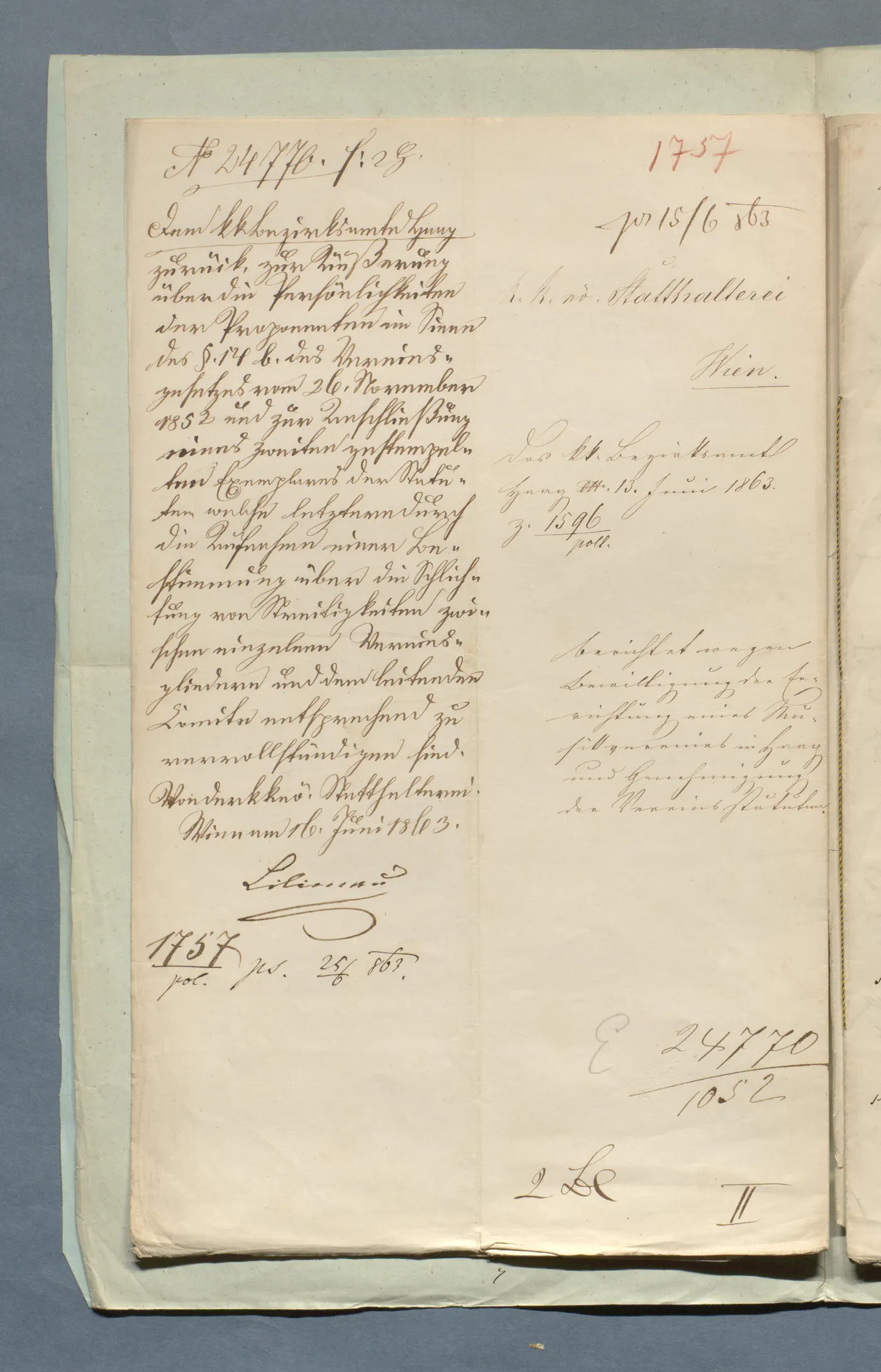 Rückstellung durch die Statthalterei vom 16. Juni 1863 mit der Bitte um Ergänzungen