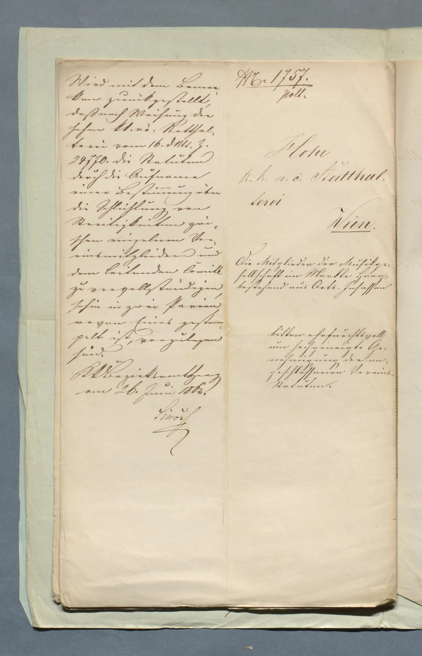Rückseite des Gesuchs und Vermerk des Bezirksamtes Haag vom 26. Juni 1863